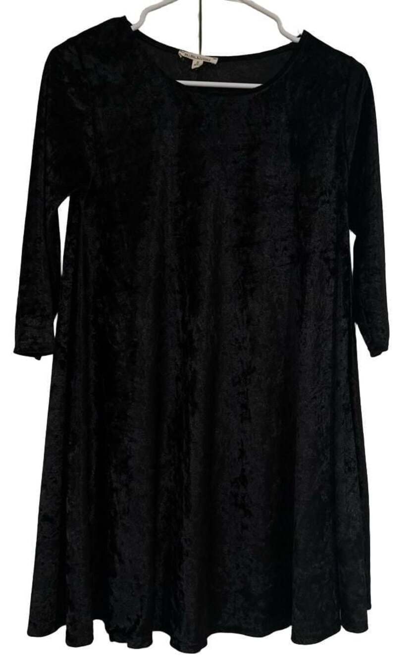 Rolla Coaster Black Crushed Velvet 3/4 Sleeve A-Line Mini Swing Dress Small